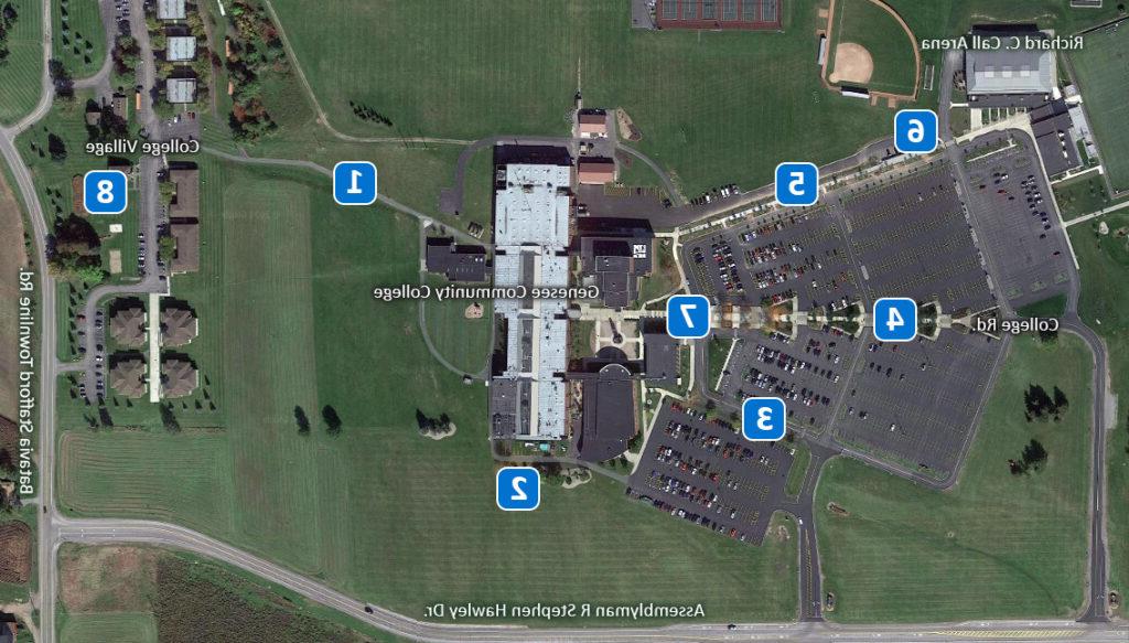 Aerial photo of GCC Campus, oriented with north at the top. The location of Blue Light phones is marked using numbers.